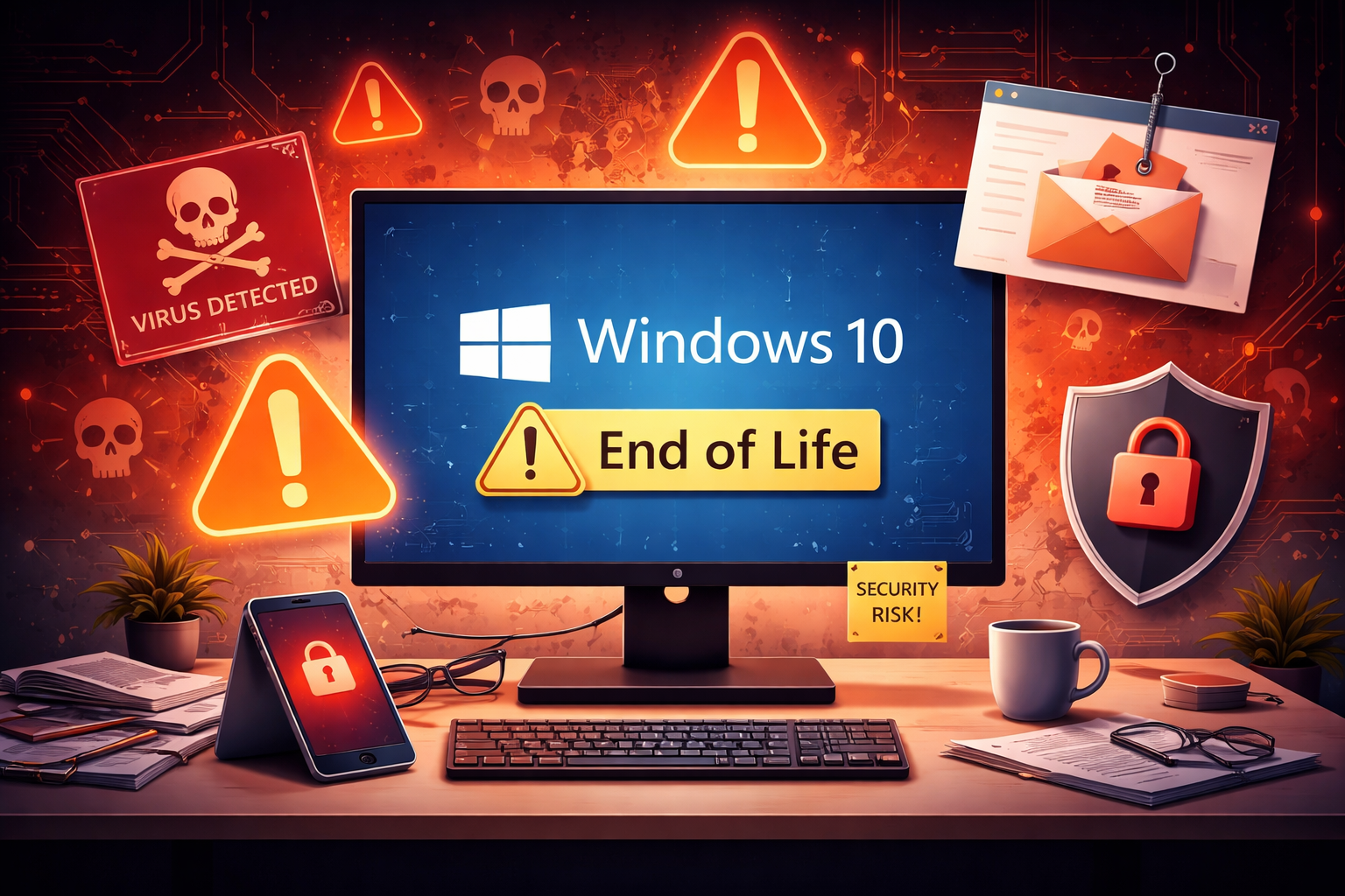 Computer displaying Windows 10 end-of-life warning surrounded by cybersecurity threat icons and alerts