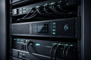 Close-up of a rack-mounted UPS in a server rack with organized cabling and teal LED status indicators