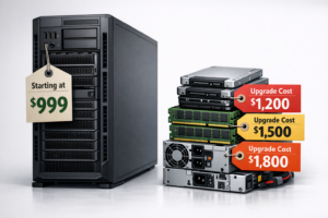 Small business server with price tag showing misleading starting cost and expensive upgrade components.