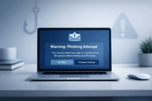 Laptop displaying a suspicious email warning on a clean desk, representing modern phishing threats in 2026